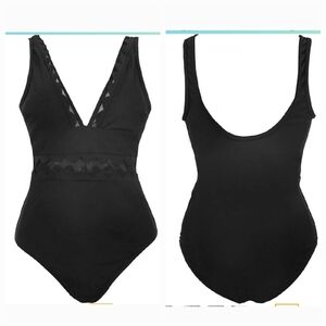 CUPSHE Women's One Piece V Neck Scalloped Mesh Swimsuit ~ Black
